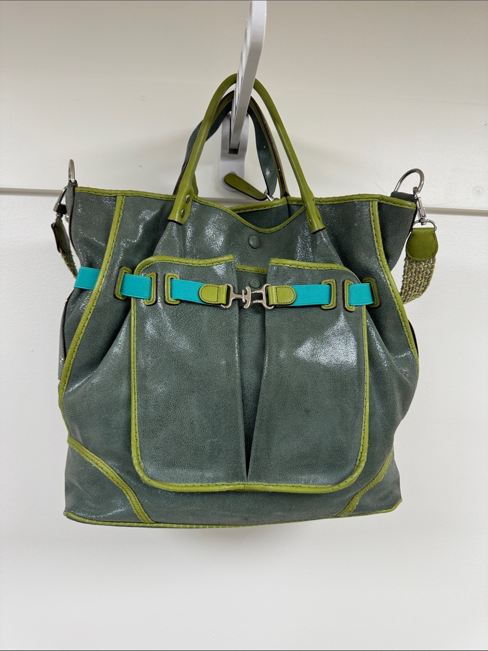 Green Tote Bag with Turquoise Accent Straps